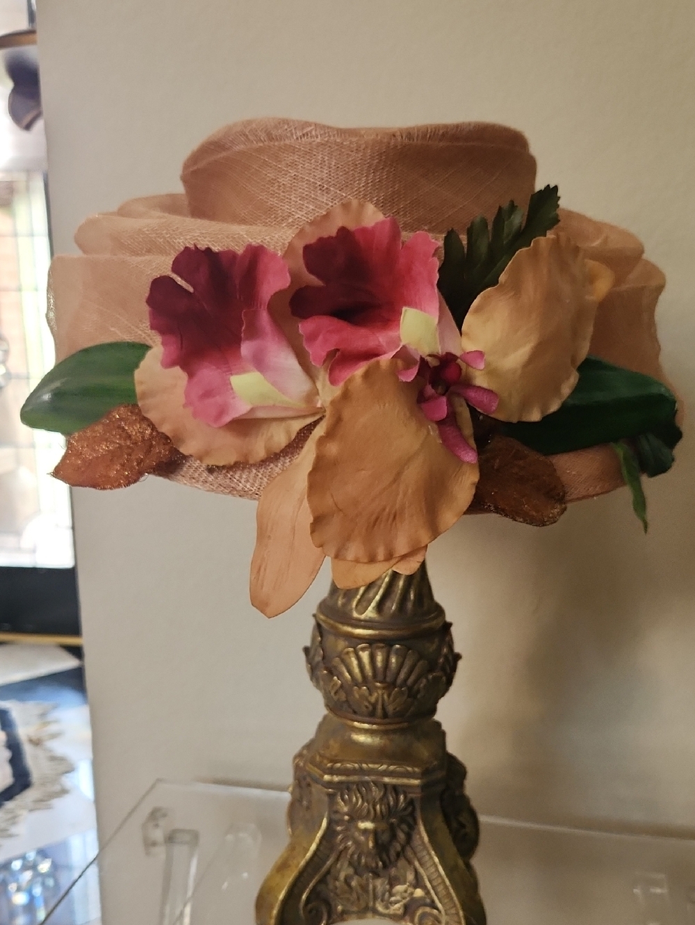 Elegant Peach Floral Women's Dress Hat with Pink Accents